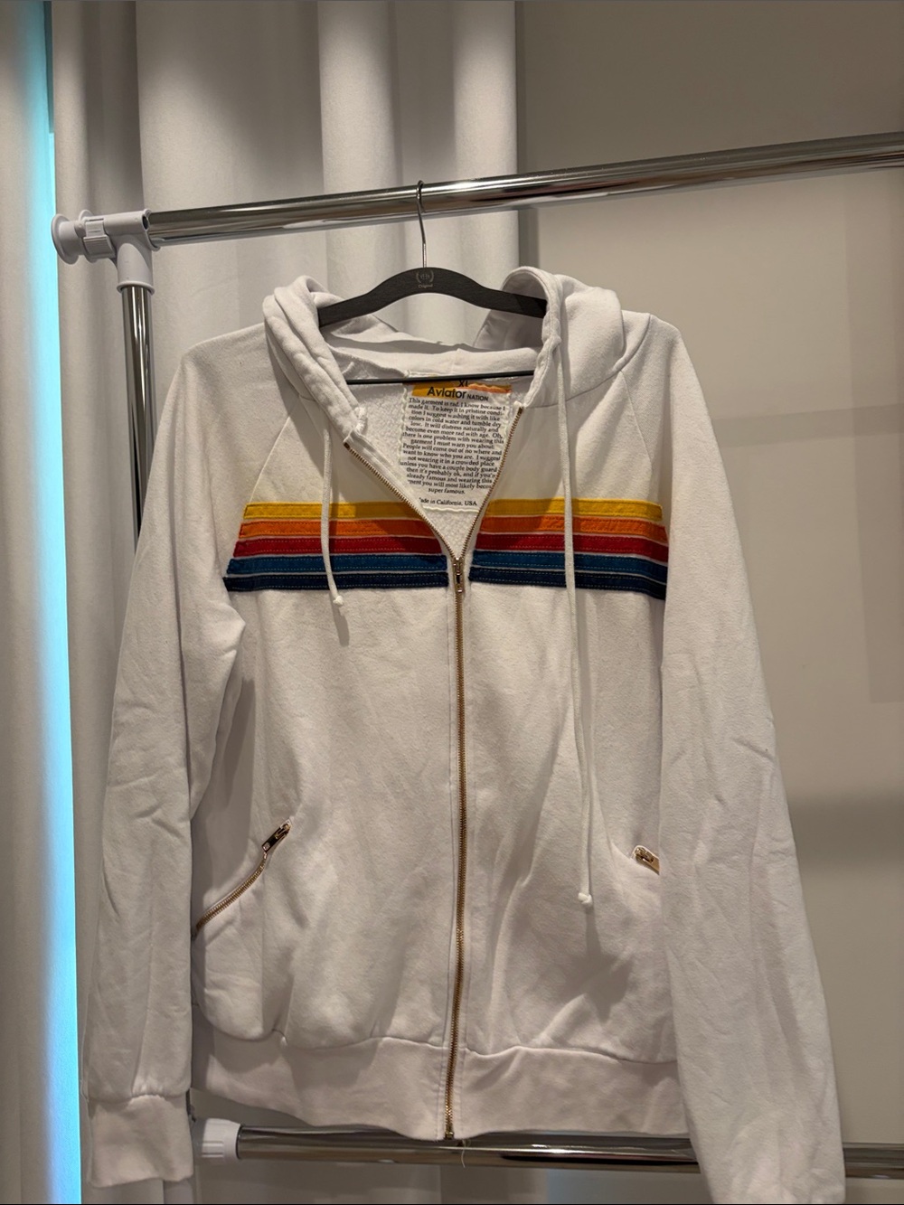 Aviator Nation White Zip Hoodie with Yellow-Orange-Red-Navy Stripes size xl